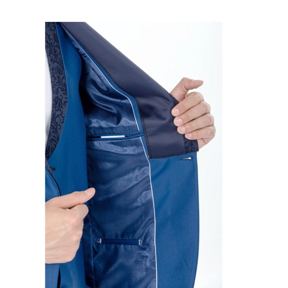 Derman Royal Blue Floral Patterned Glitter Collar Tuxedo 3 Piece - Picture 6 of 6